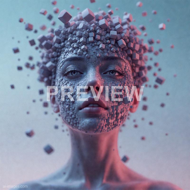 The image features a close-up of a woman's face with an artistic and surreal effect. Her face appears to be composed of small, cracked, mosaic-like tiles, with numerous tiny 3D cubes and squares floating around her head, creating a sense of fragmentation and abstraction. The lighting has a soft, cool tone with hints of pink and purple, emphasizing the textures and giving the image a futuristic and digital aesthetic.